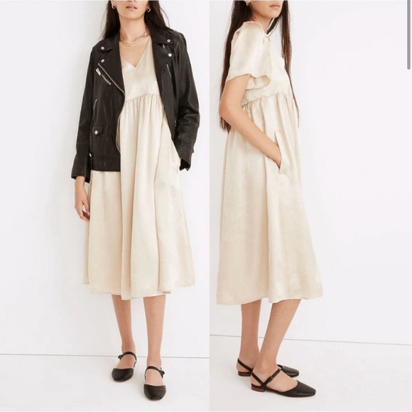 Madewell Puff-Sleeve V-Neck Midi Dress in Shiny Gold - Picture 1 of 3